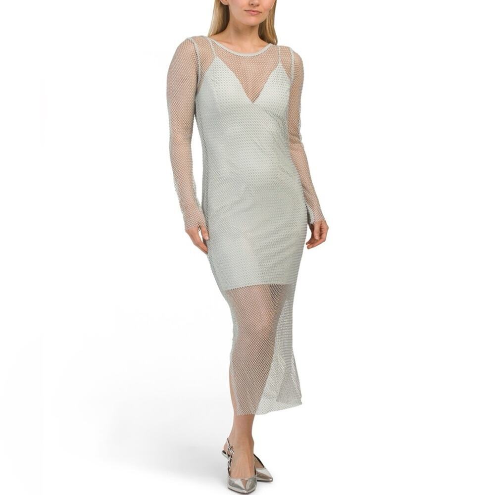 House Of Harlow 1960 NWT Pearl Grey Mesh Iridescent Rhinestone Bodycon Dress